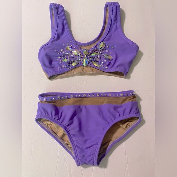 AA dance design custom solo costume purple rhinestone 2 piece set Wave LC child - Picture 3 of 9